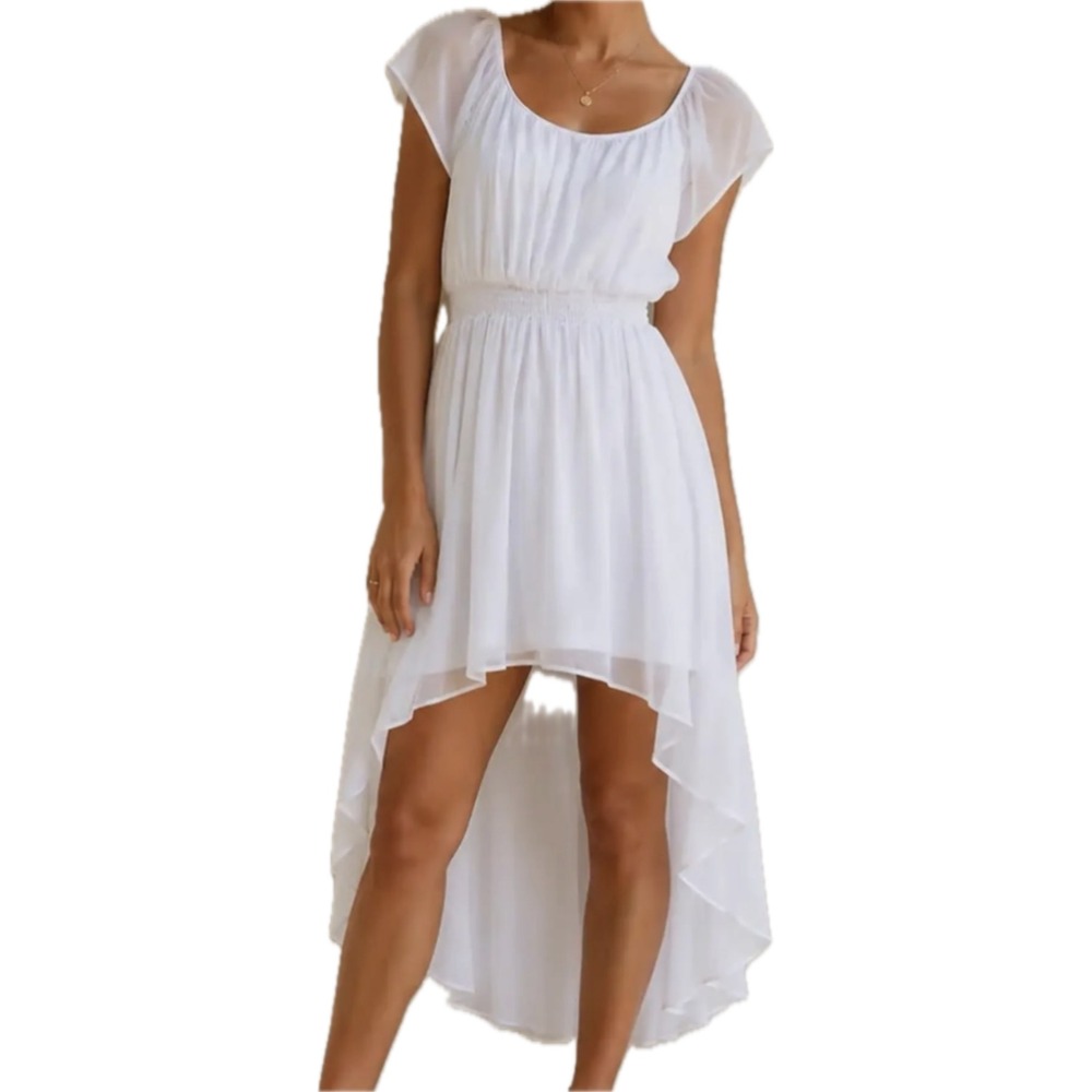 Olsenboye White High Low Chiffon  Smocked Waist Beach Wedding silhouette
Beach